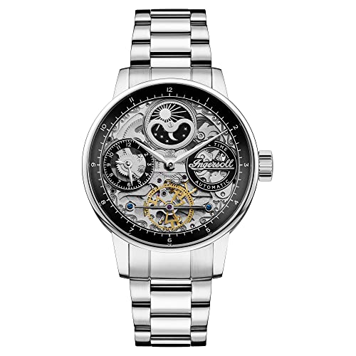Ingersoll The Jazz Reloj automático con fase lunar para hombre de 42 mm con esfera esqueleto y pulsera de acero inoxidable
