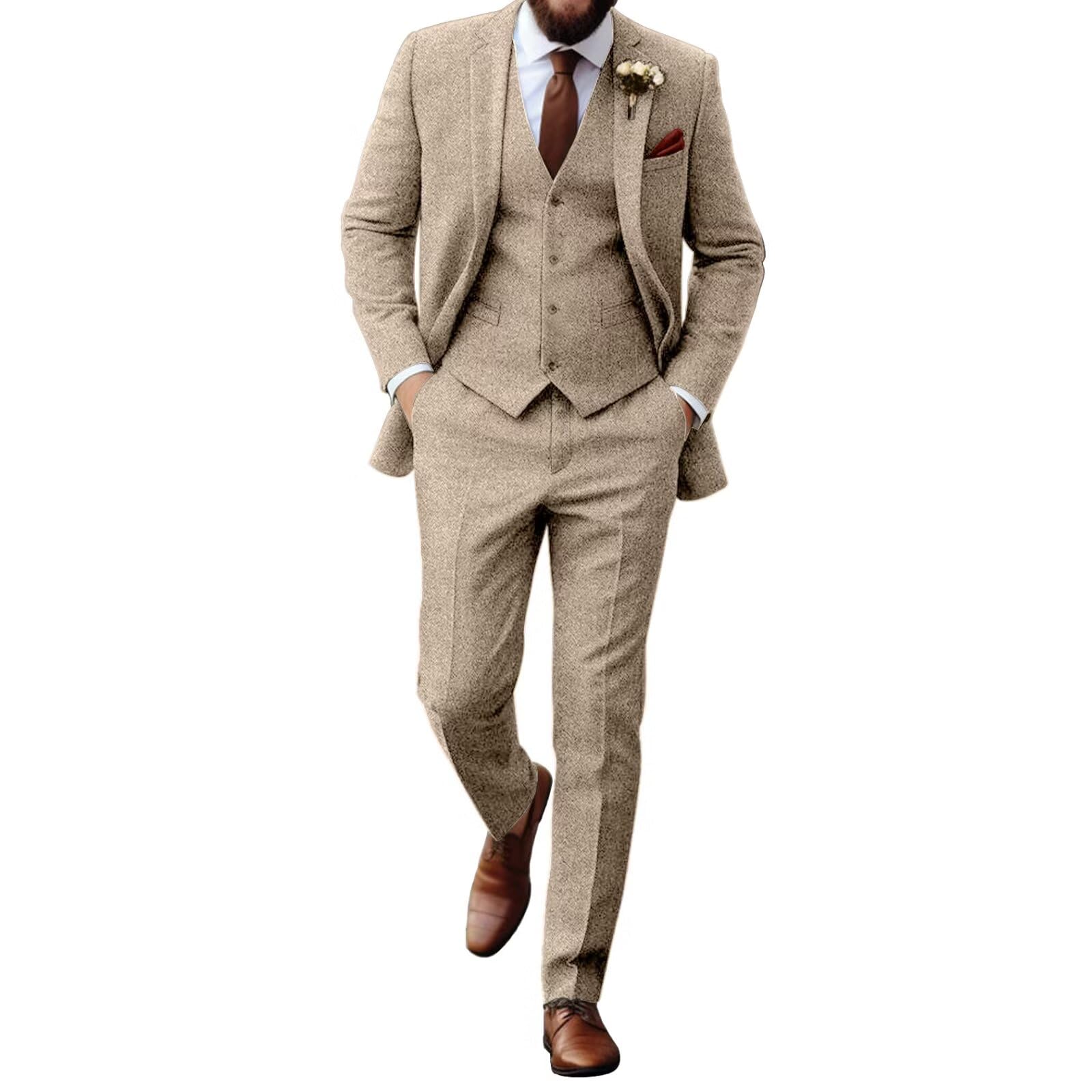 Aowdoy Traje Retro de Tweed en Espiga para Hombres Slim Fit 3 Piezas Traje para Hombre Vestido de Novio Esmoquin Prom Sui