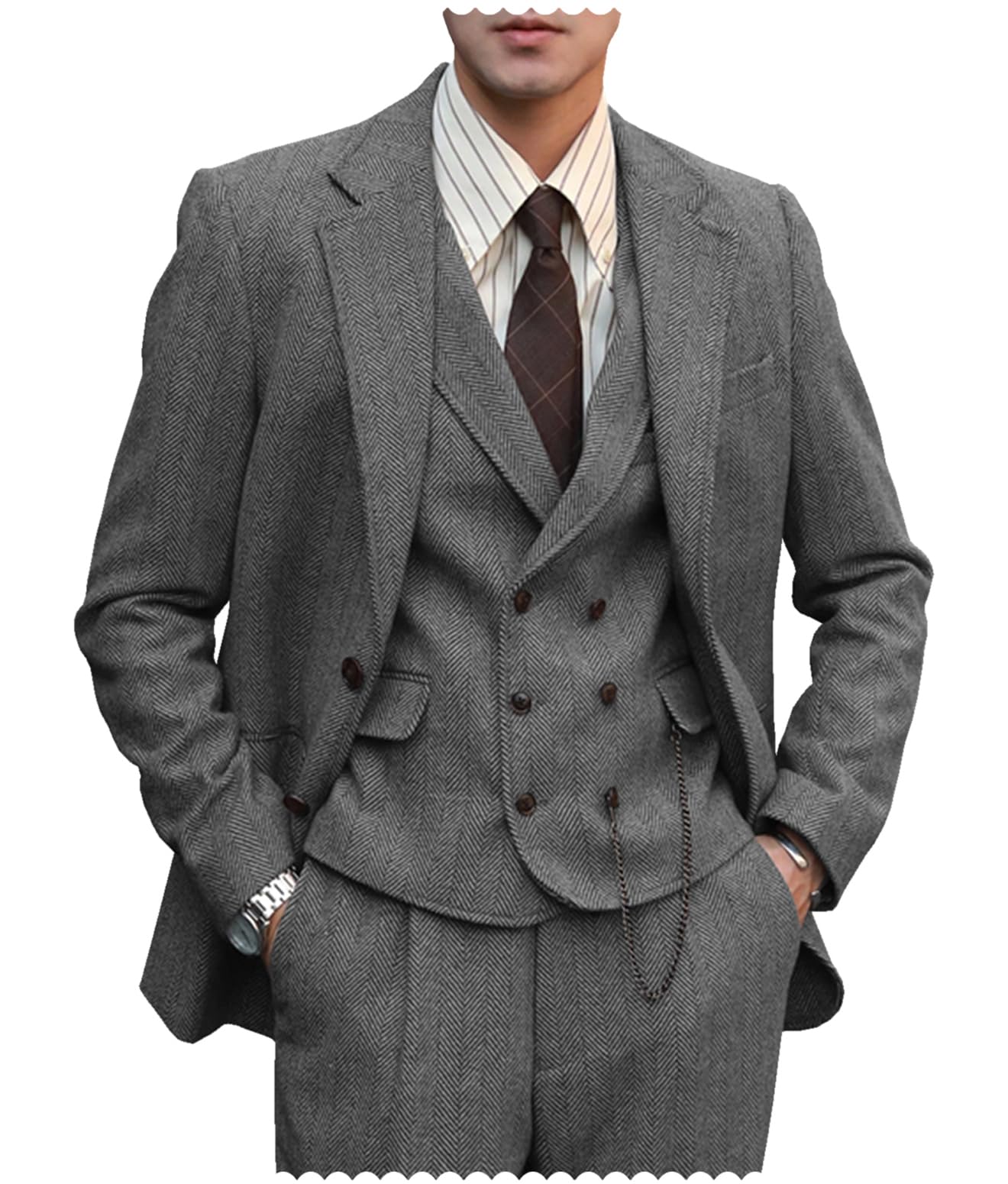 Tuikayoo Traje formal de lana de tweed de 3 piezas para hombre, traje ajustado para boda, esmoquin para graduación, padrinos de boda (gris, L): Comprar en